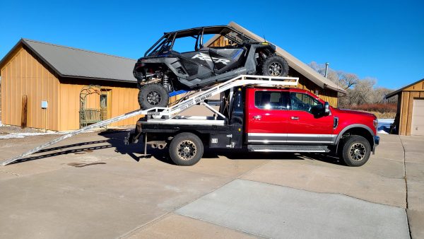 Polaris RZR Pro XP loaded onto Truck Rack on F350 Flatbed